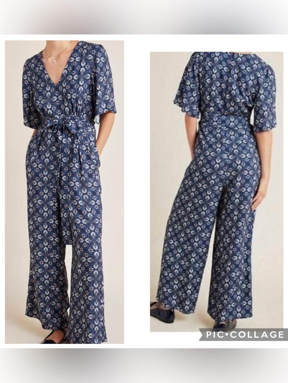 ANTHROPOLOGIE LAIA Women’s Blue Floral LAIA Jumpsuit Cropped V-Neck Size XSP